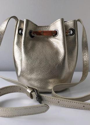 Кожаная сумочка торбочка кроссбоди 29427 натуральная кожа золото серебро7 фото