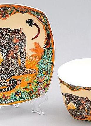 Кавова пара леопард чашка 60мл з блюдцем, костової порцеляни