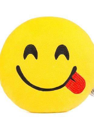 Подушка в виде мягкой игрушки смайл высокого качества в подарок с вышивкой стильная круглая флис желтый1 фото