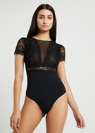 Чорна блуза , футболка боді з мереживом pieces pcsicca