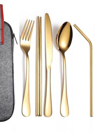 Набор столовых приборов в чехле нержавеющая сталь "золото" для пикника коктейлей суши роллов палочки для еды2 фото
