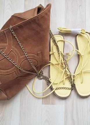 Босоніжки гладіатори жовті жіночі босоніжки без каблука босоніжки на зав'язках шкіряні бос...