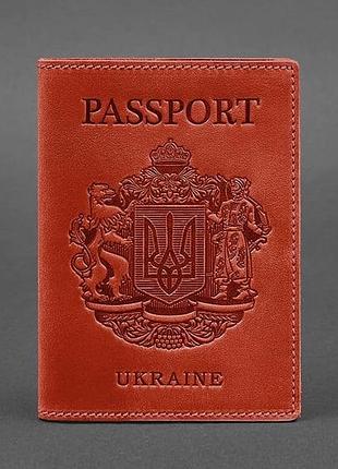Кожаная обложка на паспорт с трезубом красная коралл