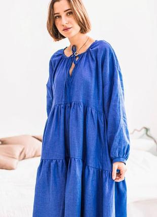 Синее платье макси с длинным рукавом в стиле бохо из натурального льна1 фото