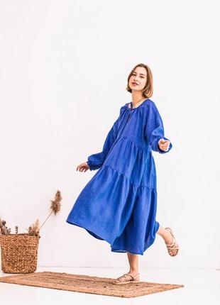 Синее платье макси с длинным рукавом в стиле бохо из натурального льна5 фото