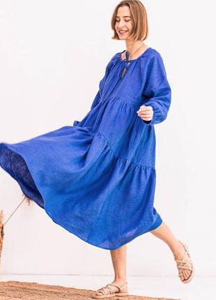 Синее платье макси с длинным рукавом в стиле бохо из натурального льна2 фото