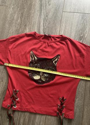 Новая трикотажная футболка топ принт кот со шнуровкой s/m7 фото