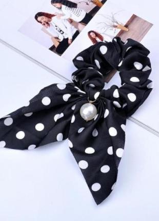 Чорна гумка з бантом, в горошок, аксесуар для волосся з стрічкою з бантом з бусинкою