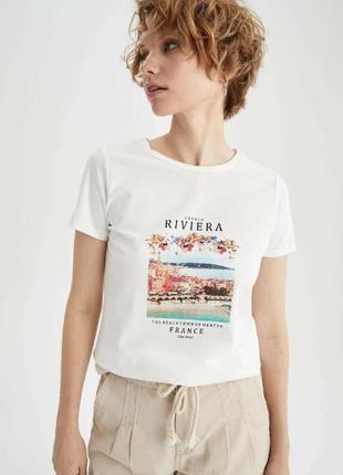 Белая женская футболка defacto/дефакто french riviera, фирменная турция