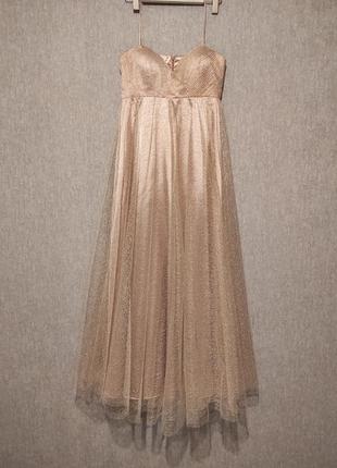 Шикарна  блискуча довга вечірня сукня сітка  золоте напилення імітація корсету відкриті плечі4 фото