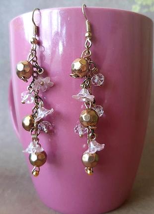 Серьги длинные висюльки винтаж подвески бронз розов колокольчик бусин розов цвет медн
