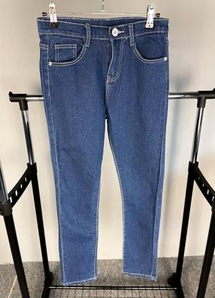 Женские джинсы приталенные узкие с высокой посадкой талией синие8 фото