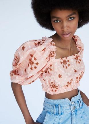Топ укороченная блуза zara прошва вышивка коттон объёмные рукава