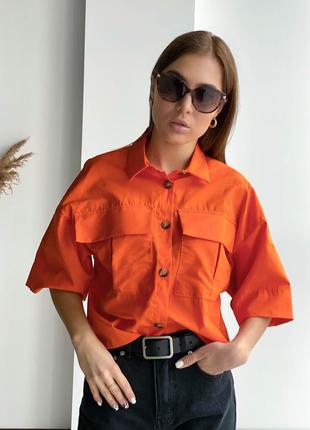 Оранжева укорочена сорочка з кишенями2 фото