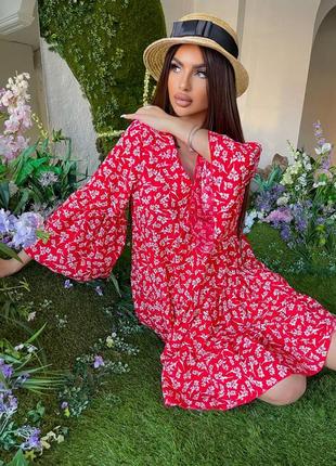 Ніжне червоне плаття в квіточку софт оверсайз9 фото