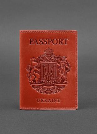 Шкіряна обкладинка для паспорта коралова з українським гербом1 фото