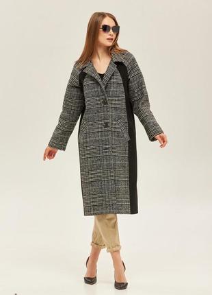 Женское комбинированное пальто свободного покроя демисезон принт клетка серое
