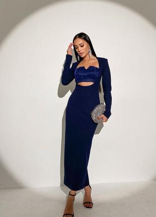 Вечірня елегантна блискуча сукня темно-синього кольору1 фото