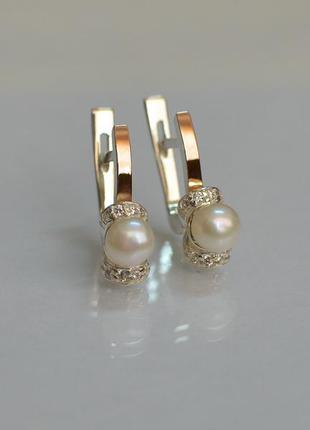 Очень красивые серьги сережки с жемчугом серебро с пластинами золота4 фото