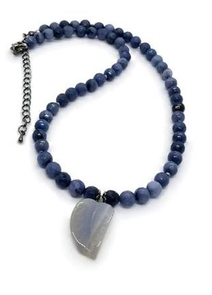✨☘️ ексклюзивне кольє-буси з підвіскою "листик" натуральний камінь синьо-сірий агат3 фото