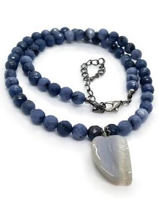 ✨☘️ ексклюзивне кольє-буси з підвіскою "листик" натуральний камінь синьо-сірий агат