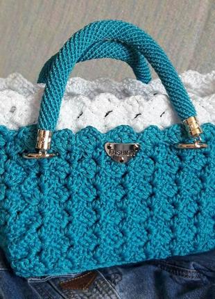 Сумка-кошик в'язана з мереживами, колір бірюза та підклад, італійська фурнітура. ladystoryart