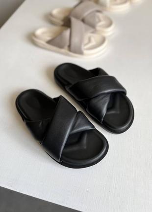 Кожаные черные шлёпанцы сандали тапочки натуральная кожа пляжные массивные