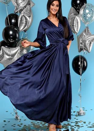 Роскошное вечернее платье из итальянского шёлка темно-синего цвета3 фото