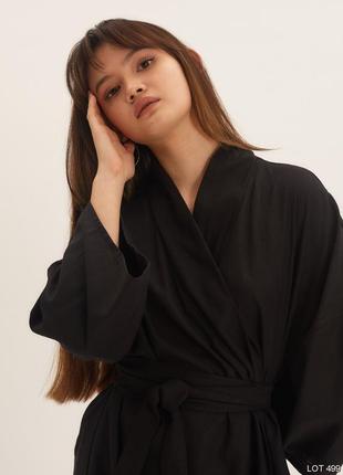 Черное платье на запах с широкими рукавами в стиле кимоно из натурального льна3 фото