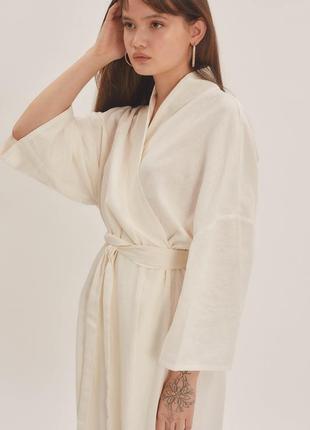 Белое платье на запах с широкими рукавами в стиле кимоно из натурального льна2 фото