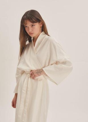 Белое платье на запах с широкими рукавами в стиле кимоно из натурального льна5 фото