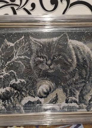 Картина вышитая бисером "лунный кот"