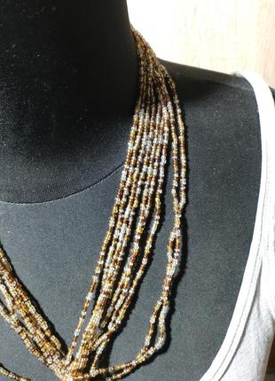 Бисерное  многорядное ожерелье с подвеской из дерева3 фото