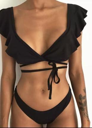 Шикарний купальник бразилианы з оборками, рюшами висока посадка талія 🖤 h&m