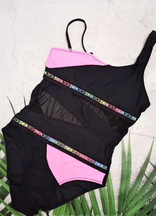 Купальник слитный, цельный, сдельный с сеткой  на 1 плечо fuba 4 цвета 7998нс