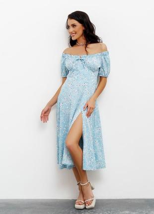 Блакитна квіткова сукня з відкритими плечима1 фото