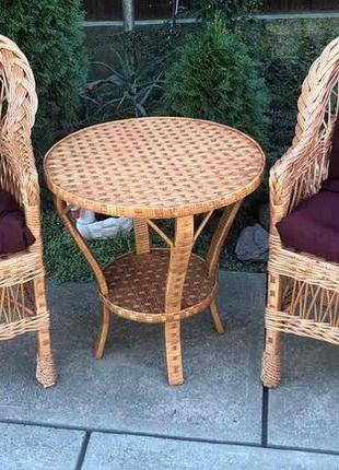 Плетені меблі з 2 кріслами | меблі з лози з подушками бордовими |меблі плетені з журнальним столом4 фото