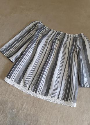 Льняна блузка плечі резинка в смужку 3/4 рукав льон бавовна р 16 marks & spencer