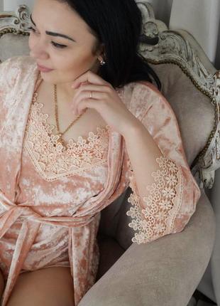 Женский комплект четверка для дома и сна, красивый халат и пижама мраморный велюр5 фото