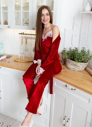 Женский красивый комплект для дома, халат и пижама. бархатистый костюм для дома майка, штаны и халат10 фото