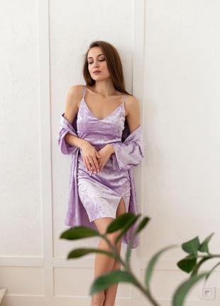 Женский красивый комплект халат и ночная сорочка, пеньюар и халатик велюр8 фото