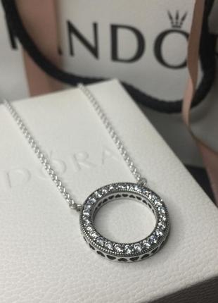 Серебряное колье пандора 590514cz цепочка кулон ожерелье сердца пандоры большой круг камней камни камешки серебро проба 925 новое с биркой2 фото