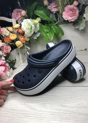 Crocs crocband platform clog navy white 205434 жіночі сабо крокси на платформі