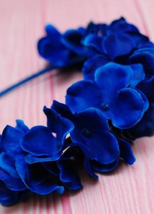 Обруч ободок з гортензією в синьому кольорі
