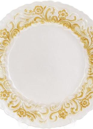 Блюдо сервірове 33см, підставна тарілка, скло, біле з золотим орнаментом