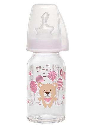 Пляшечка скло з вузьким горлом і силіконовою соскою антиколікова рожева nip 250 мл 0+ (4000821350724)1 фото