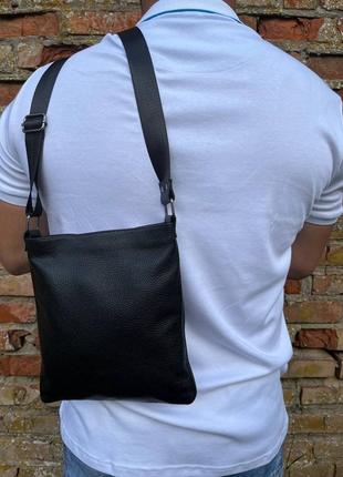 Мужская барсетка из натуральной зернистой кожи, качественная черная сумка через плечо, вместительная5 фото