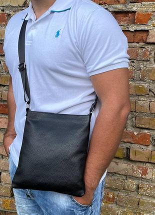 Мужская барсетка из натуральной зернистой кожи, качественная черная сумка через плечо, вместительная1 фото