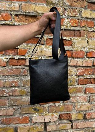 Мужская барсетка из натуральной зернистой кожи, качественная черная сумка через плечо, вместительная8 фото