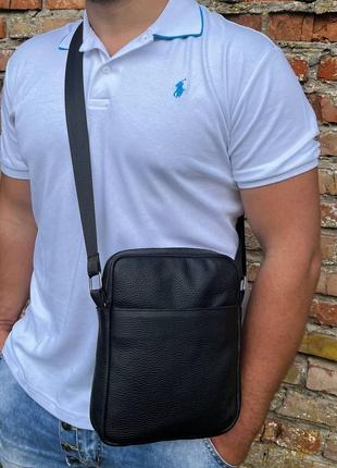 Мужская вместительная барсетка, качественная из натуральной кожи, черная сумка через плечо